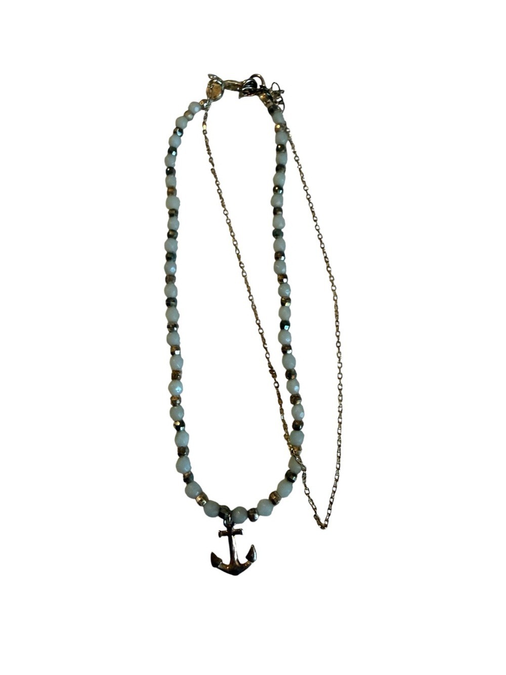 Gold Anchor Anklet Pale Blue Beads Layered